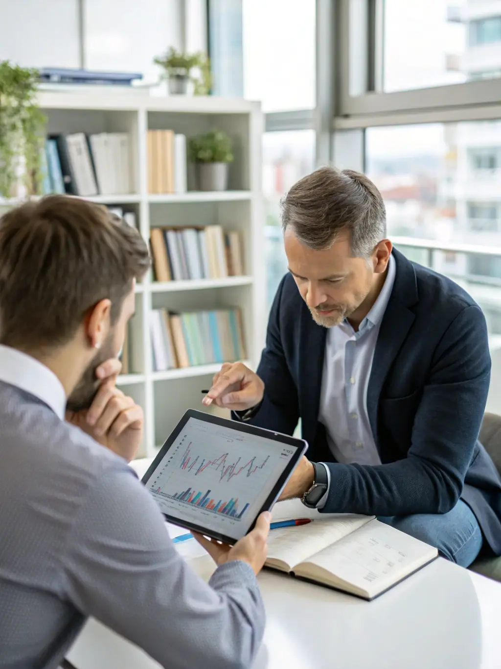 A financial advisor reviewing a client's property portfolio, discussing investment strategies and performance metrics, representing Wealth Creators Group's investment management service.