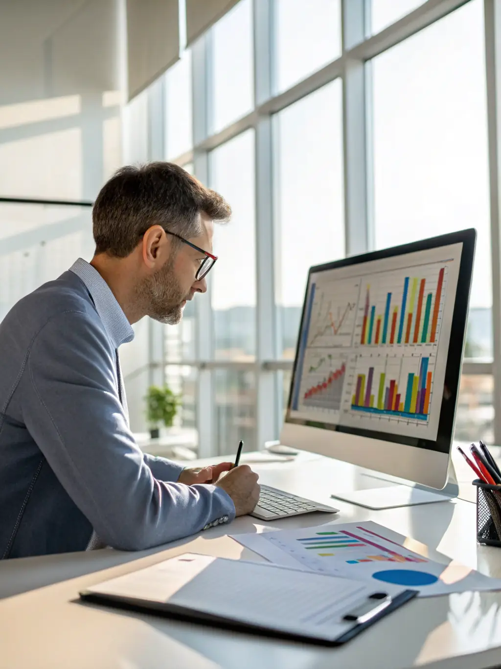 A real estate market analyst meticulously examining property data and trends on a computer screen, with graphs and charts displayed in the background, representing Wealth Creators Group's property research service.
