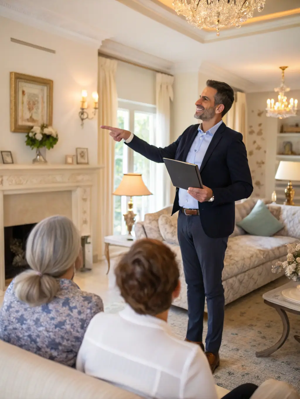 A friendly real estate agent guiding a client through a property viewing, pointing out key features and benefits, symbolizing Wealth Creators Group's buyer support service.